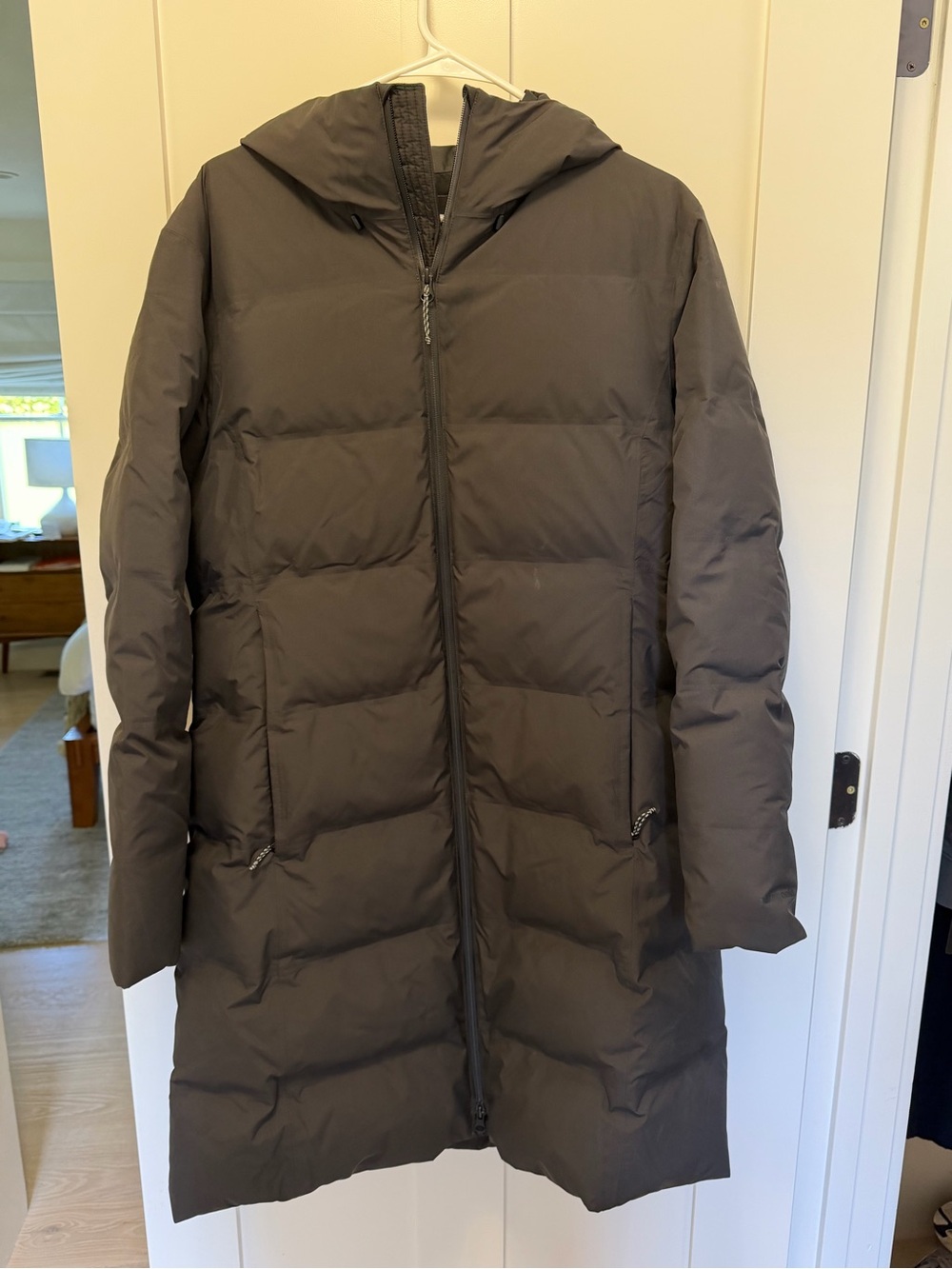 Patagonia Women's Hooded Long Puffer Coat in Charcoal Gray